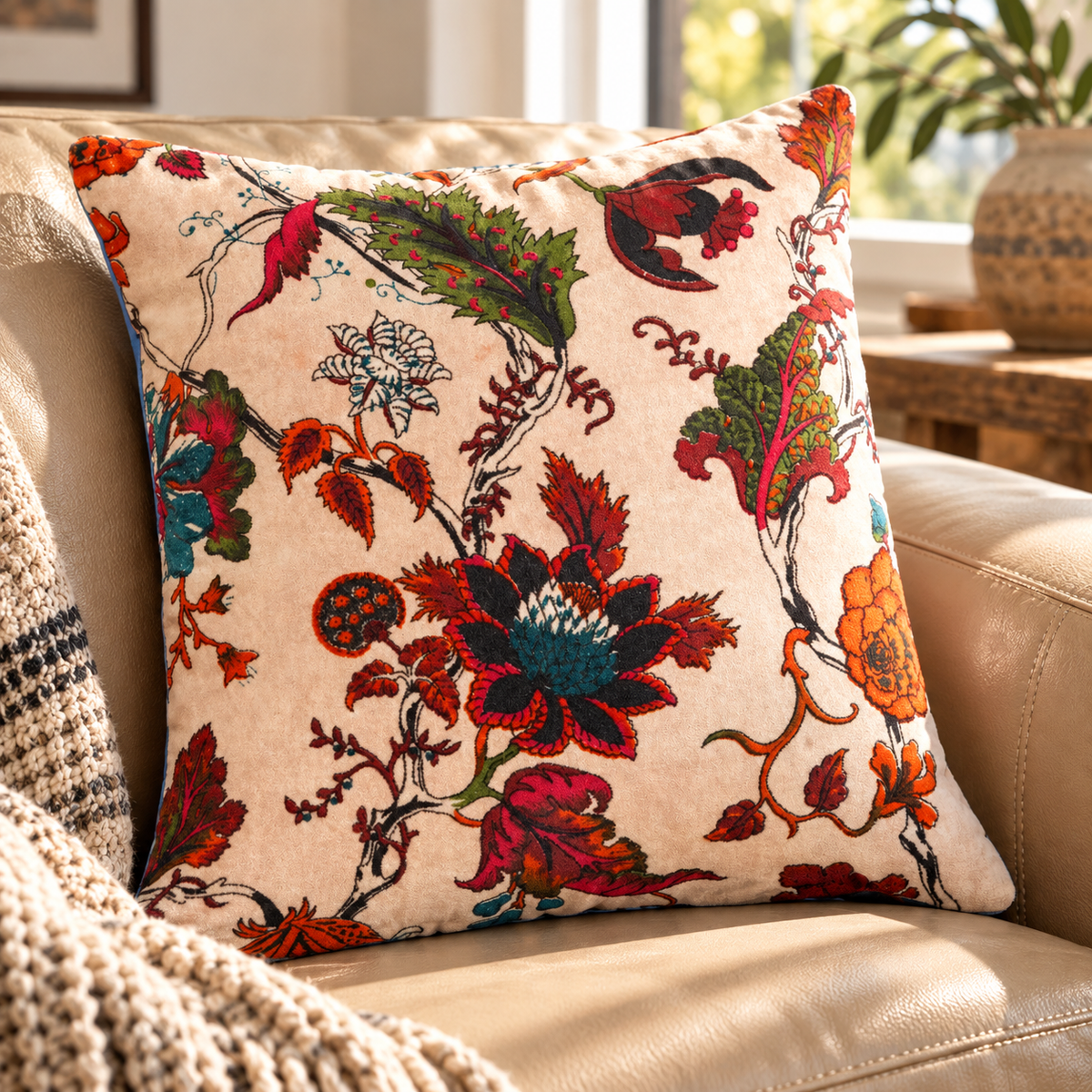 Cotton velvet floral cushion cover styled with neutral throws and cushions