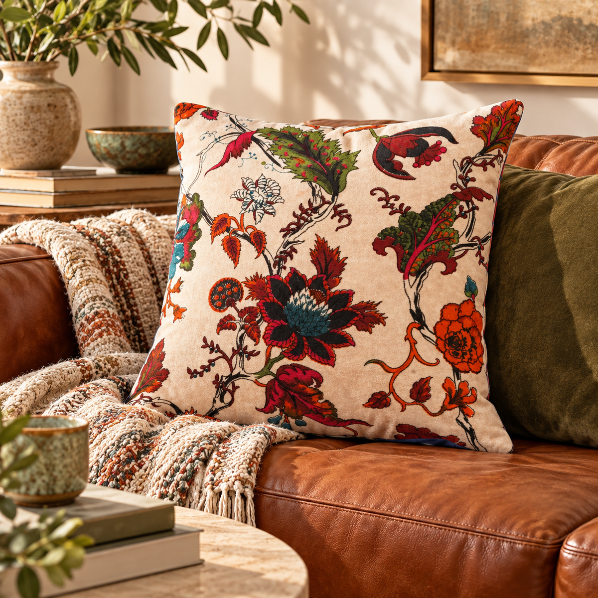 Cream floral cotton velvet cushion cover styled on tan leather sofa