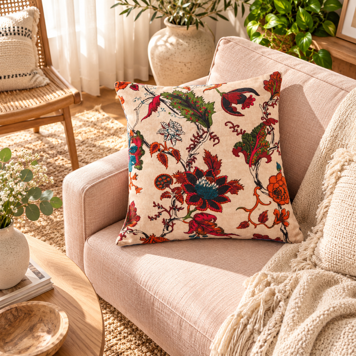 Cream velvet floral cushion cover 45x45cm for living room styling