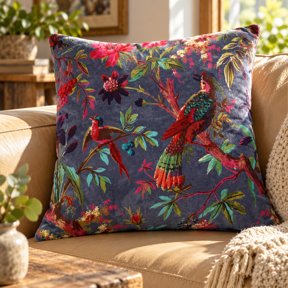 Navy floral bird cushion cover for living room sofa styling