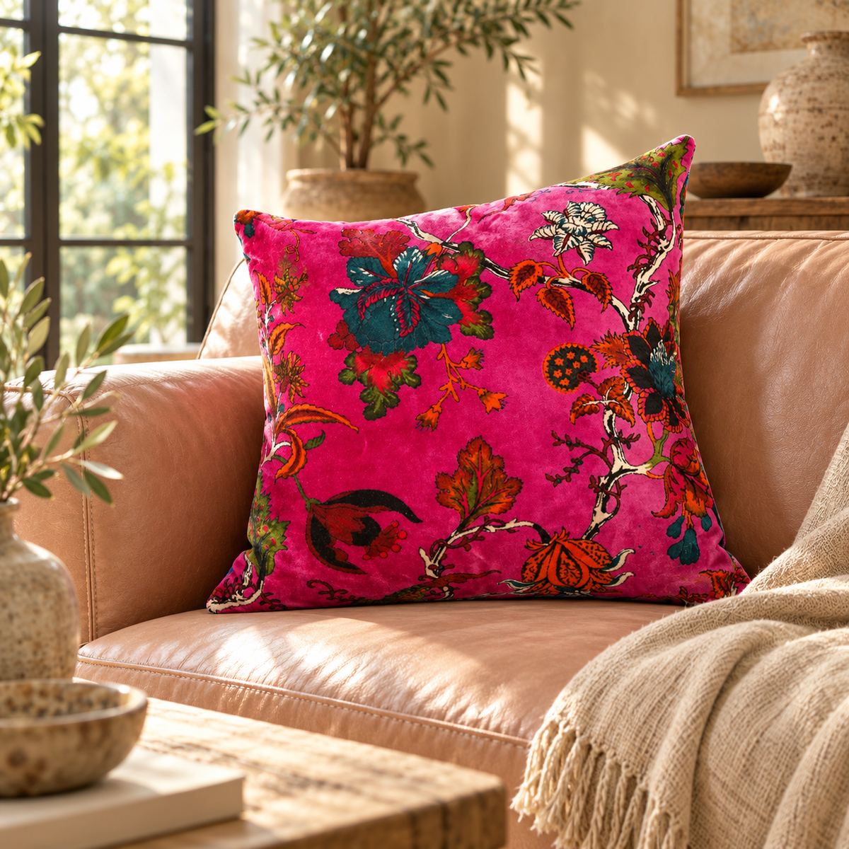 Square floral cushion cover styled with cream cushions and throw