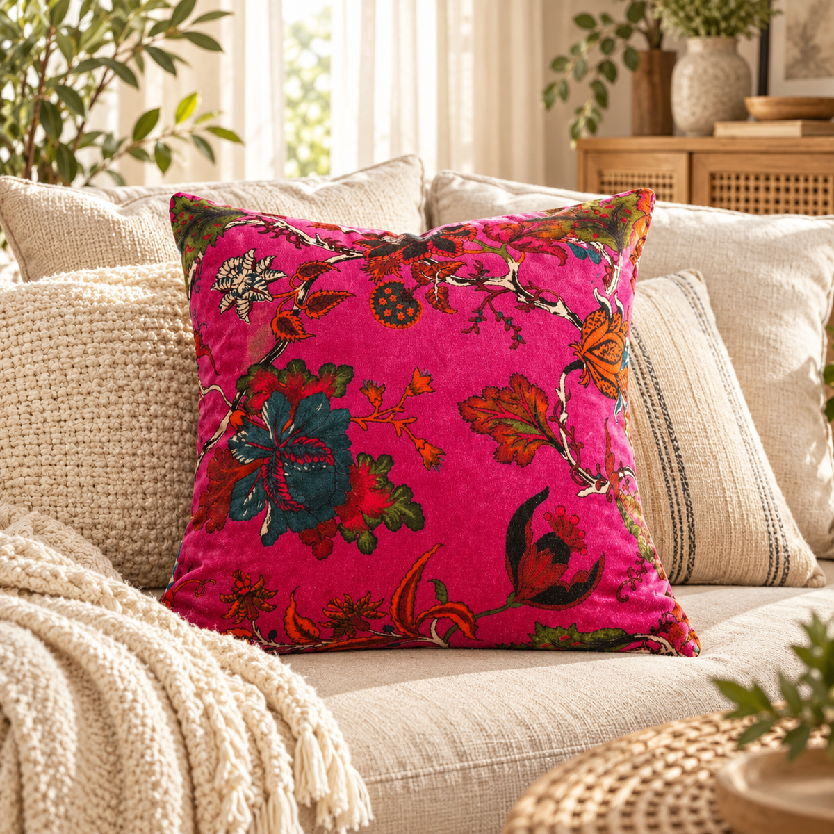 Fuchsia floral cushion cover styled on tan leather sofa