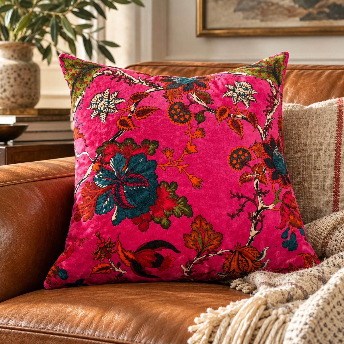 Linen Connections fuchsia botanical cushion cover on neutral lounge