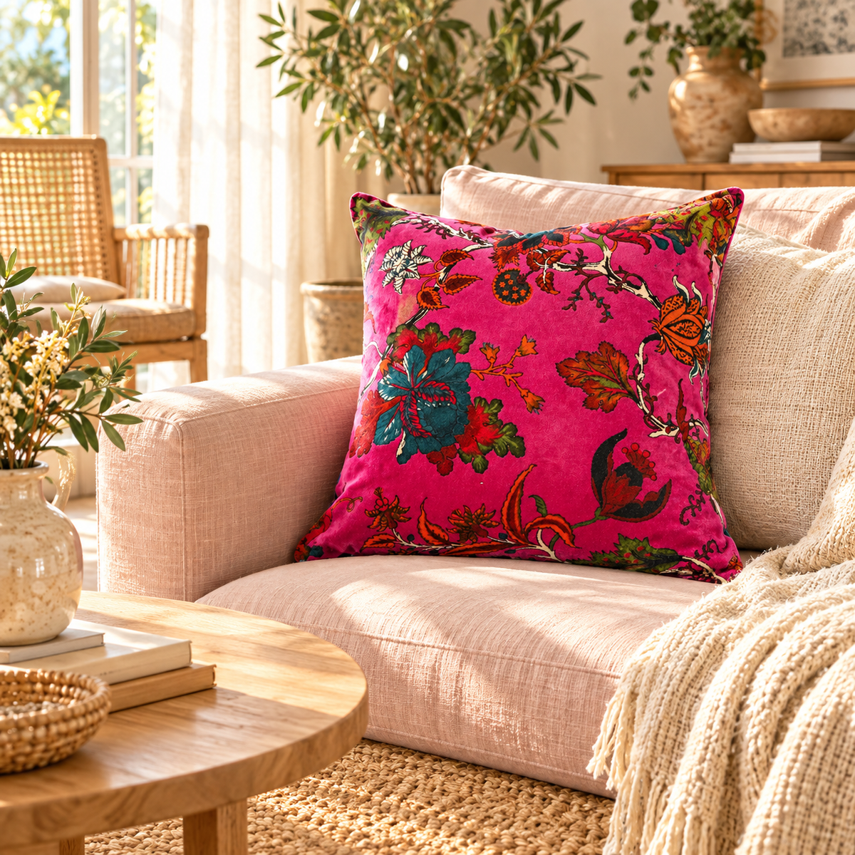 Pink floral cushion cover with botanical print for living room styling