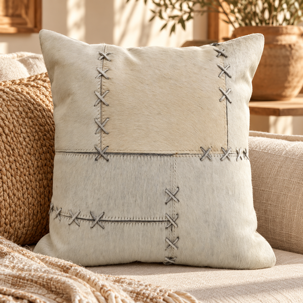 Exotic Cowhide Cushion Cover - Grey Crosses Pillowcase