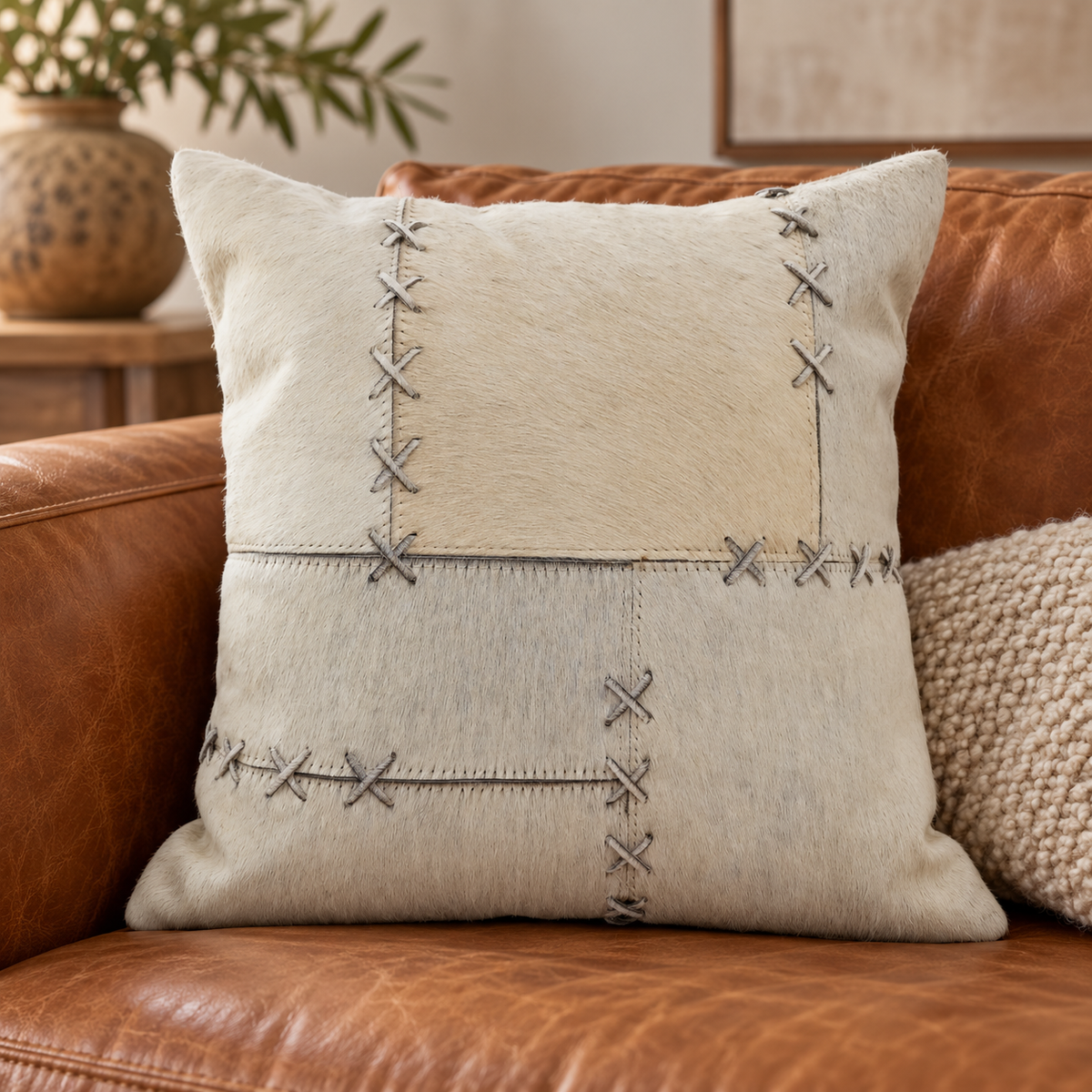 Exotic Cowhide Cushion Cover - Grey Crosses Pillowcase