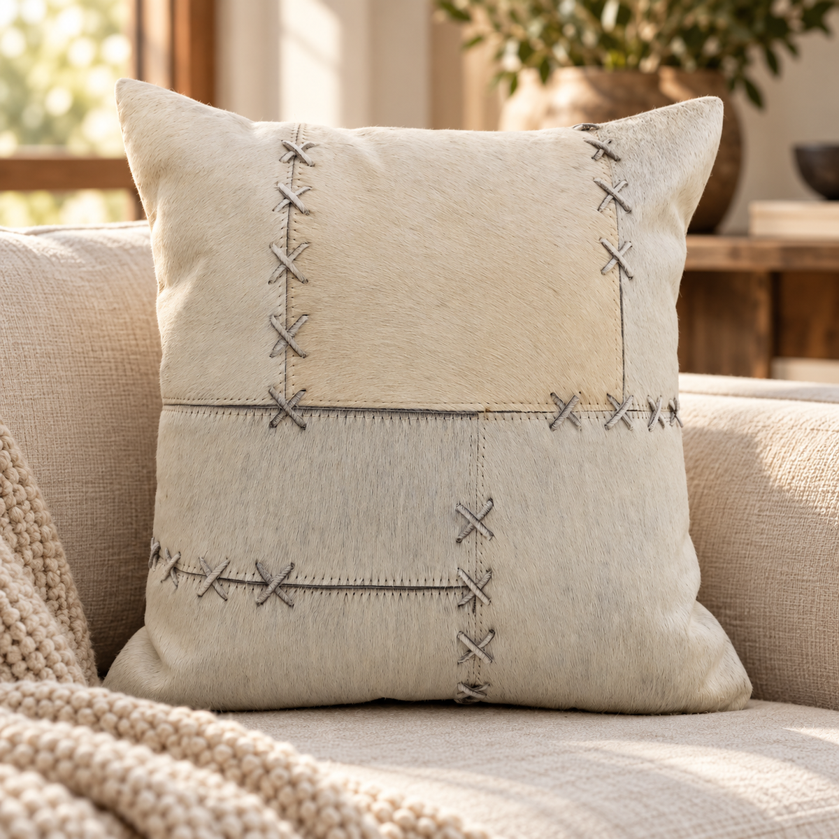 Exotic Cowhide Cushion Cover - Grey Crosses Pillowcase