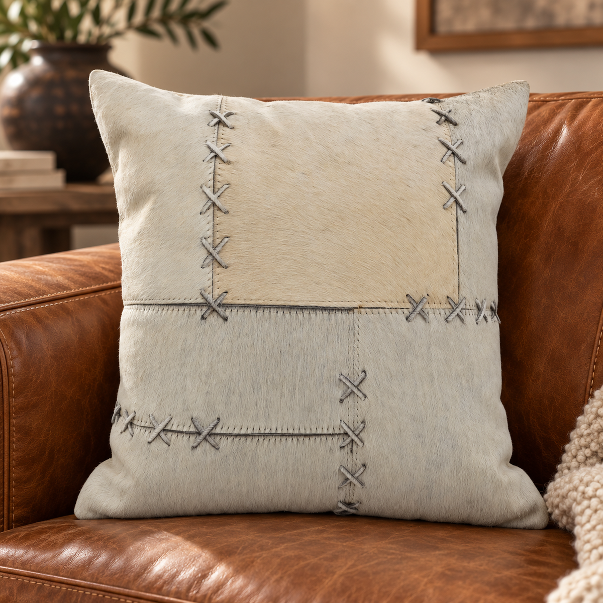 Exotic Cowhide Cushion Cover - Grey Crosses Pillowcase