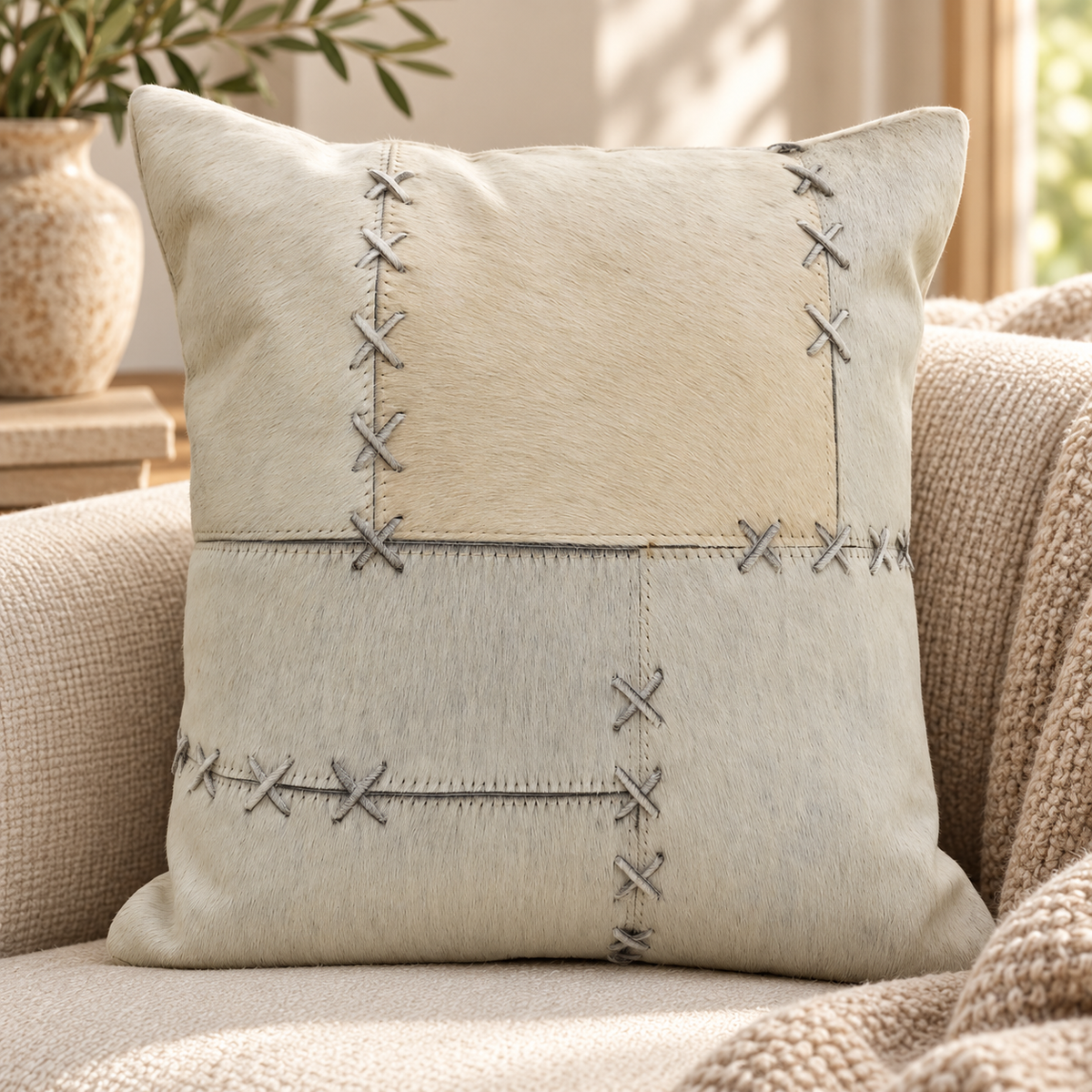 Exotic Cowhide Cushion Cover - Grey Crosses Pillowcase