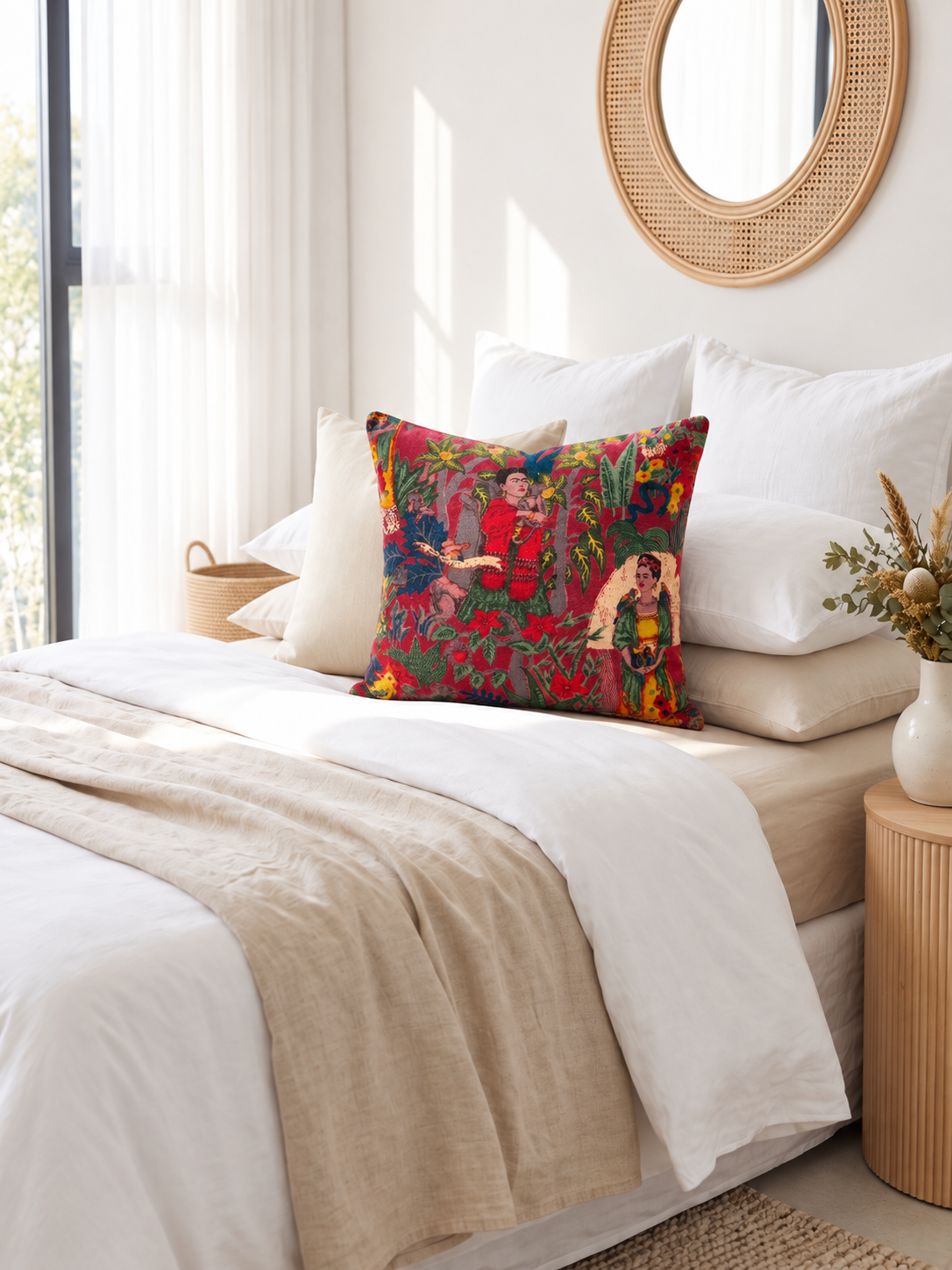 45x45cm colourful cotton velvet cushion cover styled on beige linen couch