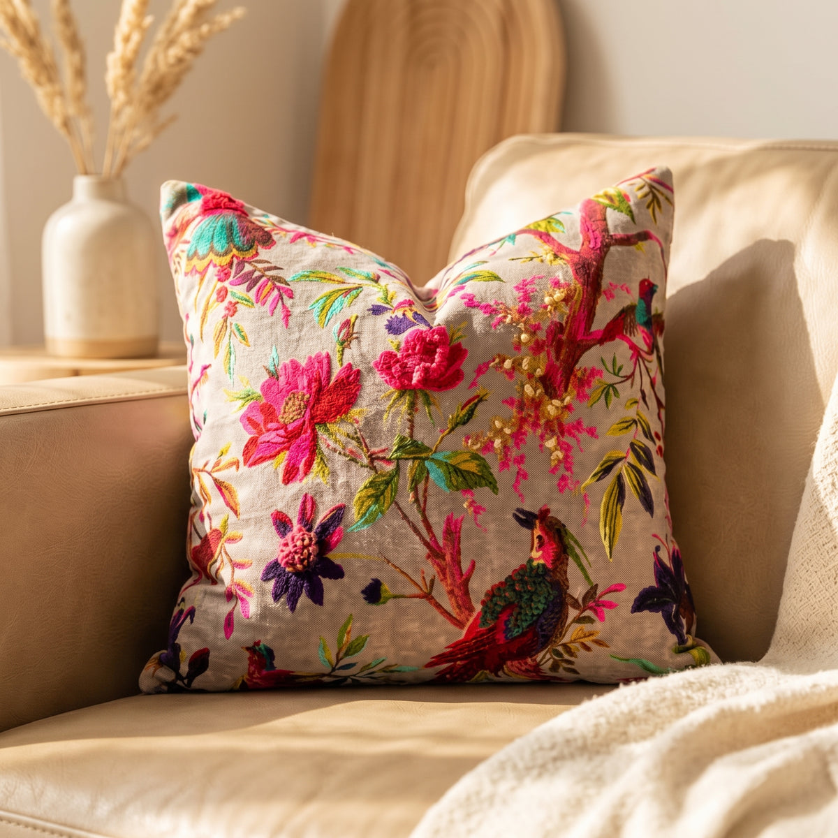 A square throw pillow with a vibrant embroidered floral and bird pattern in pink, green, and blue on a beige linen background, styled on a beige leather sofa. Boho floral cushion cover on beige leather couch