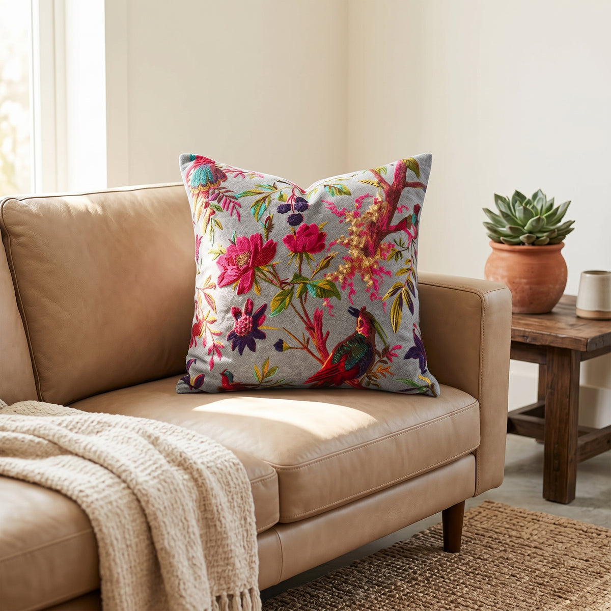 A square throw pillow with a colorful floral and bird print sits on a tan leather sofa in a bright, modern living room setting. 45x45cm velvet cushion cover with botanical bird print