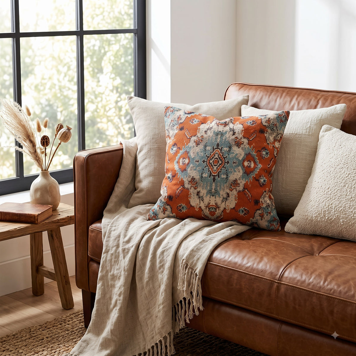 Ornamental kilim cushion – layered boho home décor on brown leather seating.
Premium handwoven pillow cover – orange geometric pattern with global artisan appeal