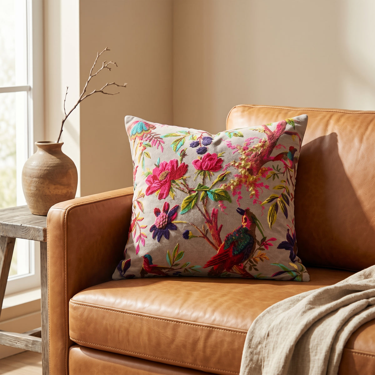 A square throw pillow with a vibrant floral and bird pattern in pink, green, and red on a beige background, styled on a brown leather sofa next to a rustic side table with a vase. Cream floral velvet cushion cover with colourful bird design
