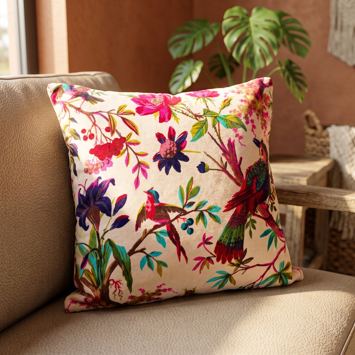 A square throw pillow with a vibrant, multicolored floral and bird print resting on a beige leather sofa in a warm, sunlit room. Cream floral velvet cushion cover with colourful bird print on beige leather sofa