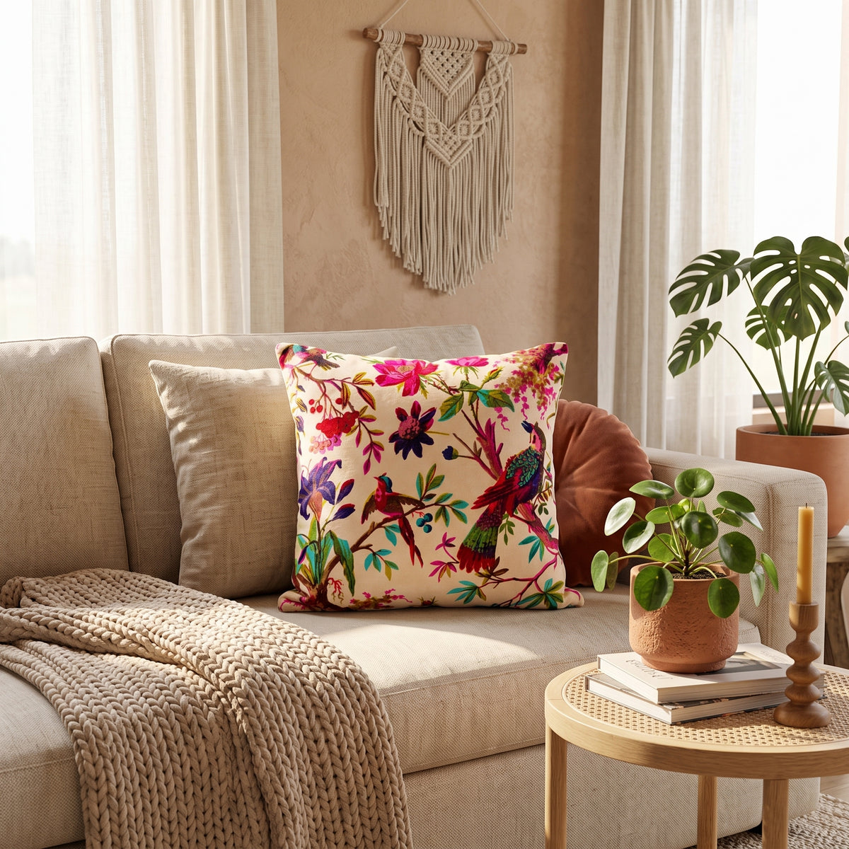 A square throw pillow with a vibrant multicolor floral and bird pattern on a cream background, styled on a beige sofa in a warm, bohemian living room setting. Boho floral cushion cover 45 x 45 cm styled in modern living room
