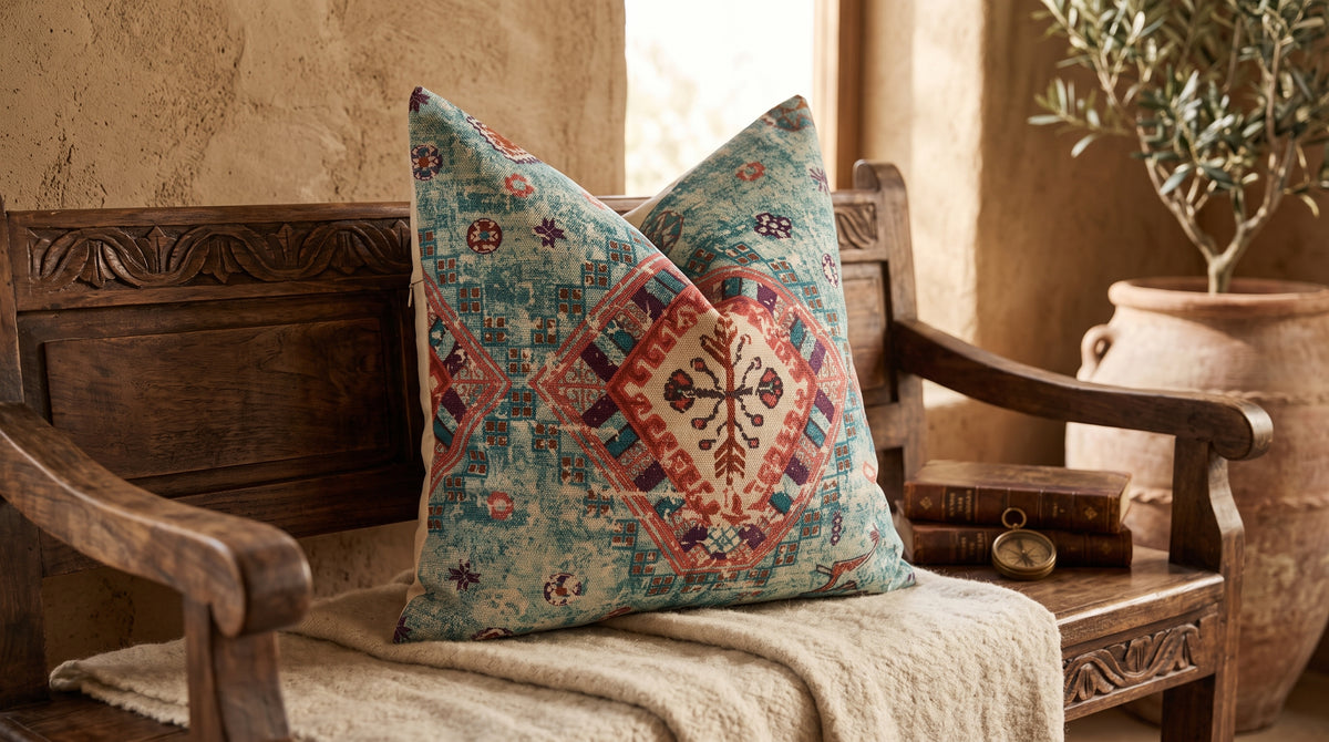 Two decorative throw pillows with a Southwestern geometric pattern in teal, red, and cream, styled on a rustic wooden bench with a beige throw blanket in a warm, sunlit room.

Teal boho cushion cover styled on rustic wooden chair