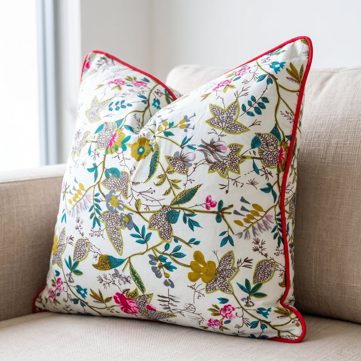 Floral cotton cushion cover with red piping on beige sofa