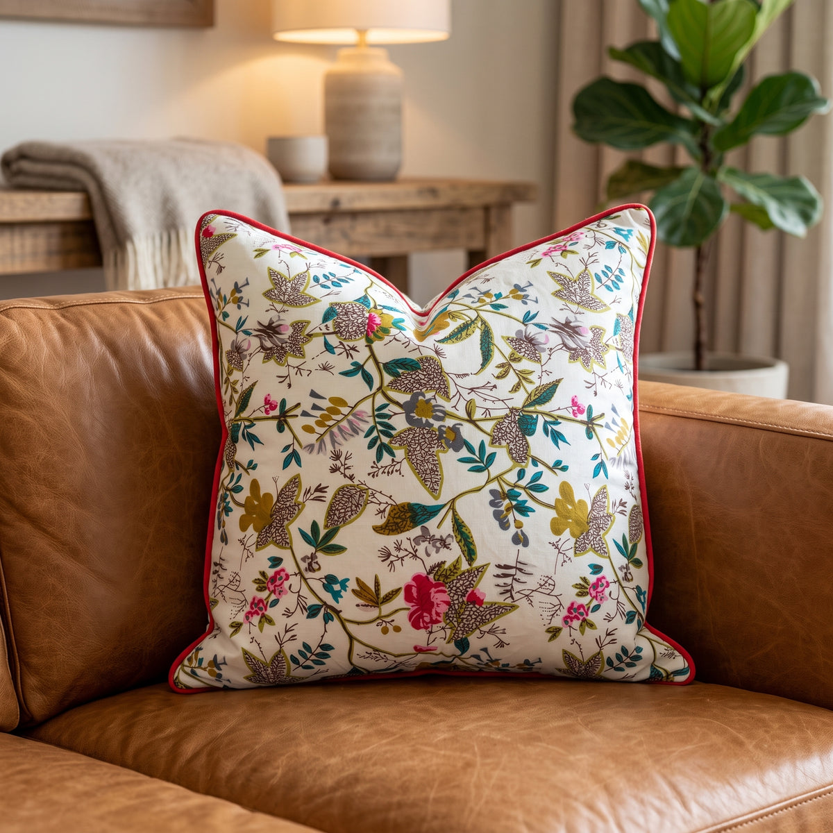 White botanical cushion cover styled on brown leather couch
