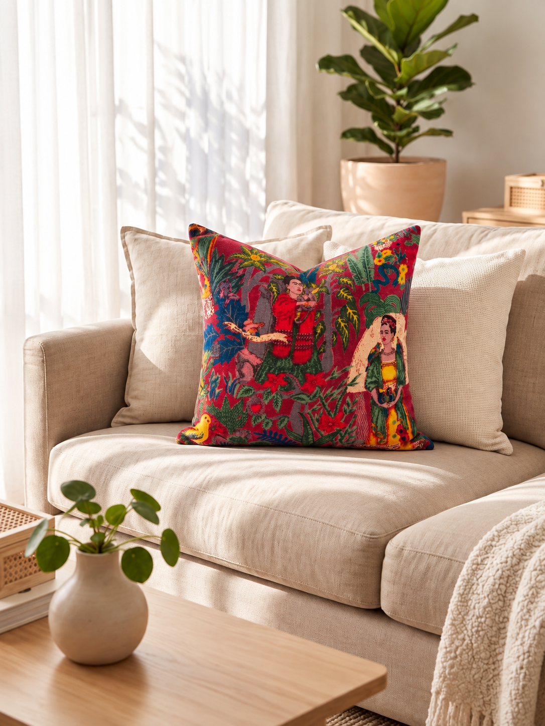 Frida inspired velvet cushion cover with cotton backing on tan leather sofa