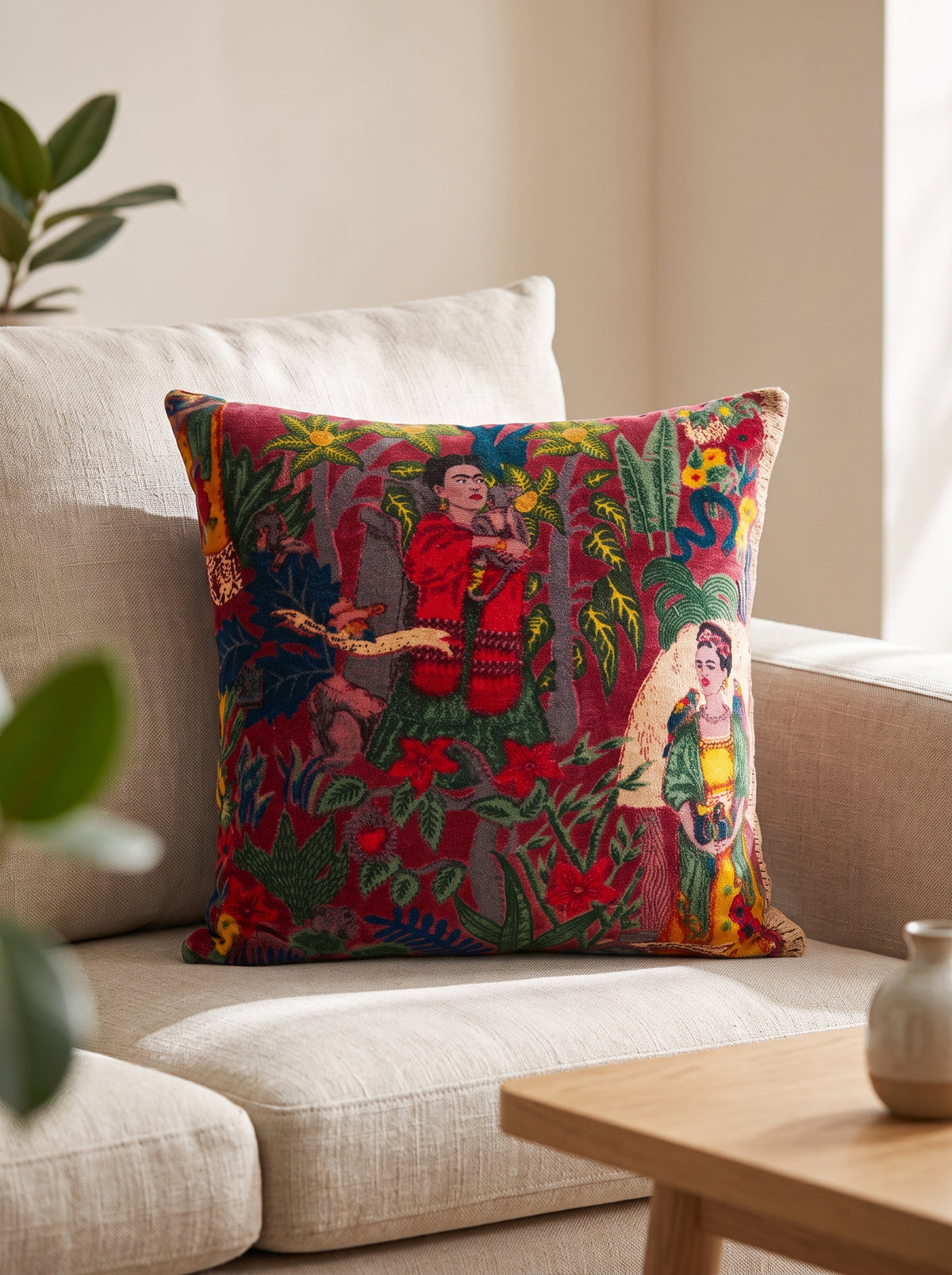 Frida inspired cotton velvet cushion cover 45x45cm styled on beige sofa