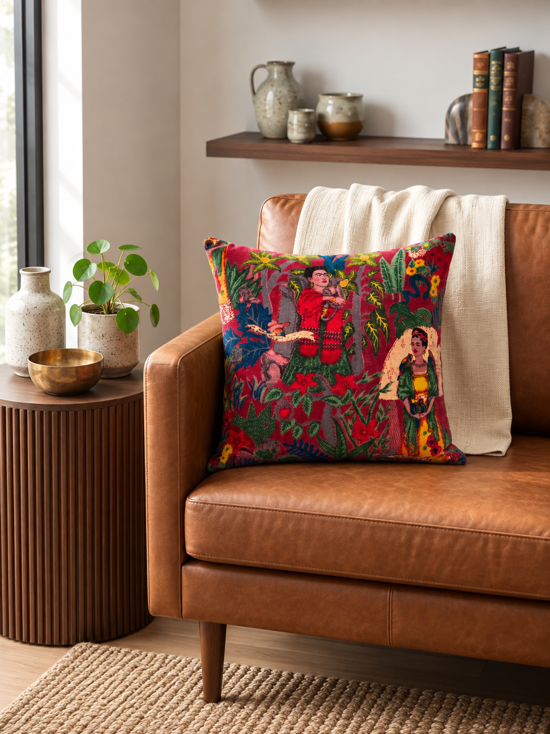 Statement cotton velvet cushion cover styled against crisp neutral bedding.