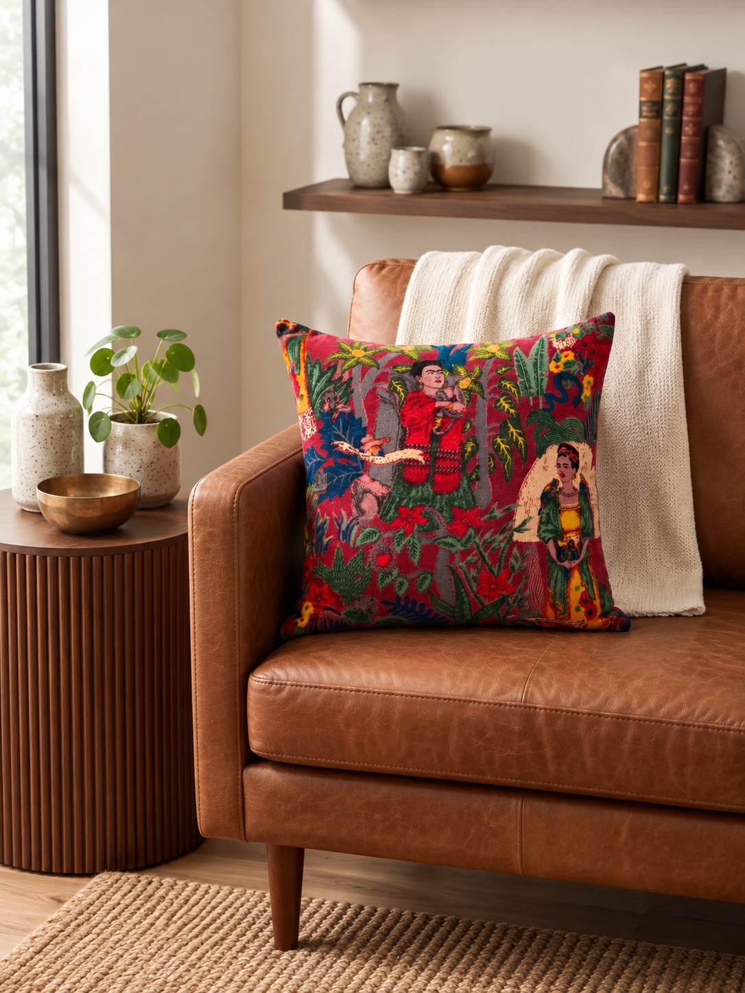 Close up of colourful Frida inspired cotton velvet cushion cover 45x45cm
