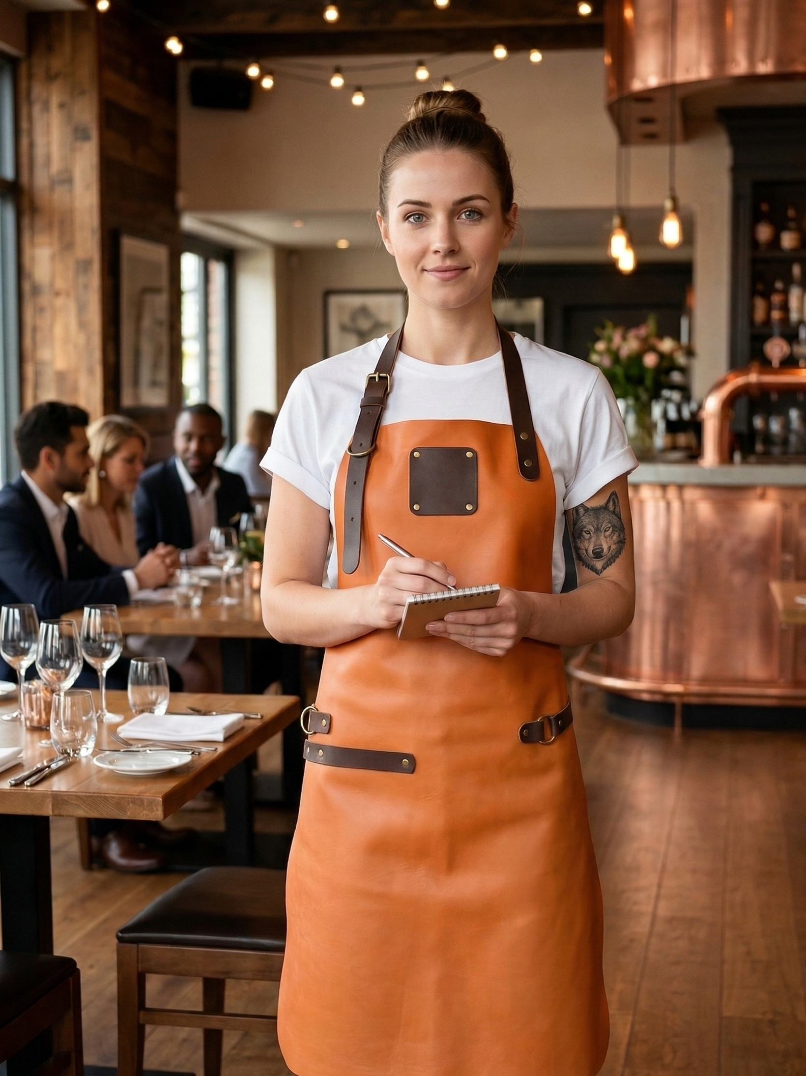 Premium cognac leather apron for chefs and craftsmen with signature design