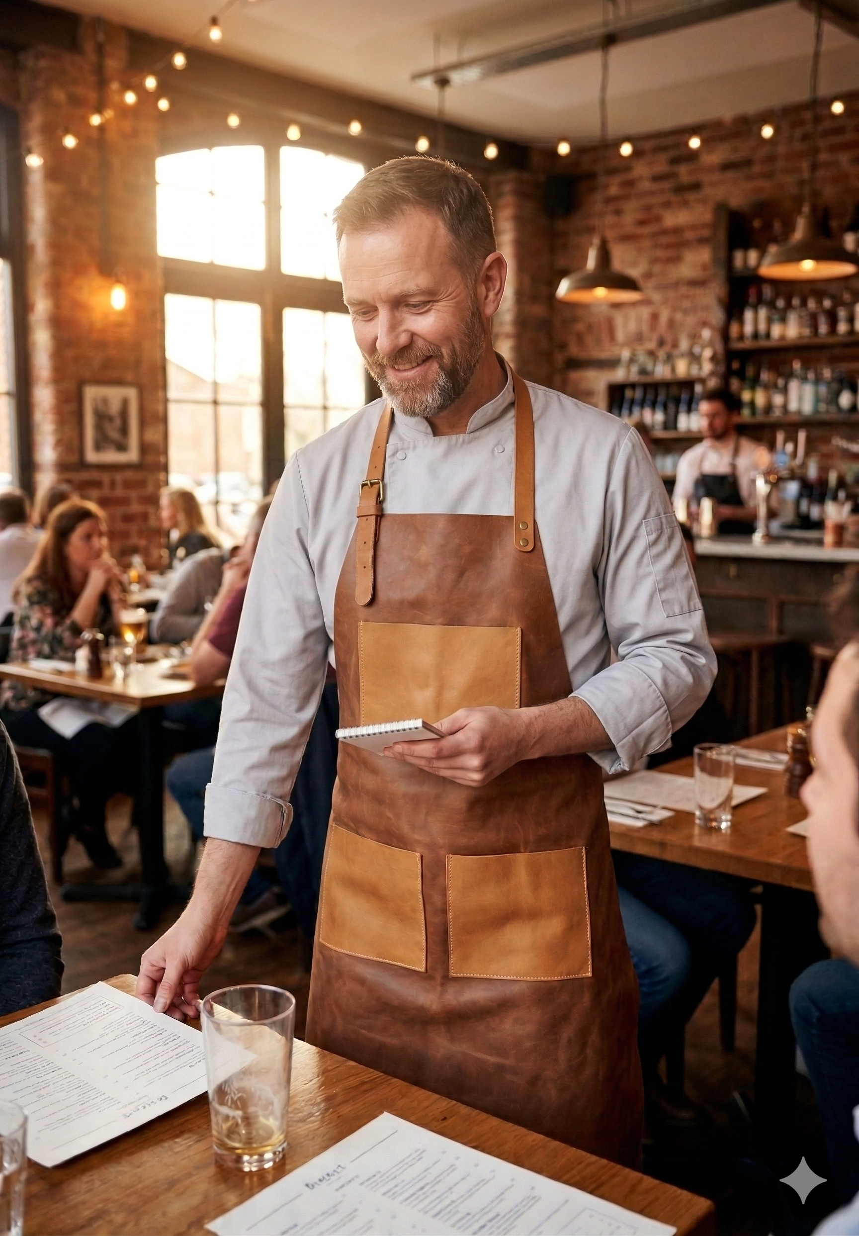 Compact tan leather work apron with front pockets for tools