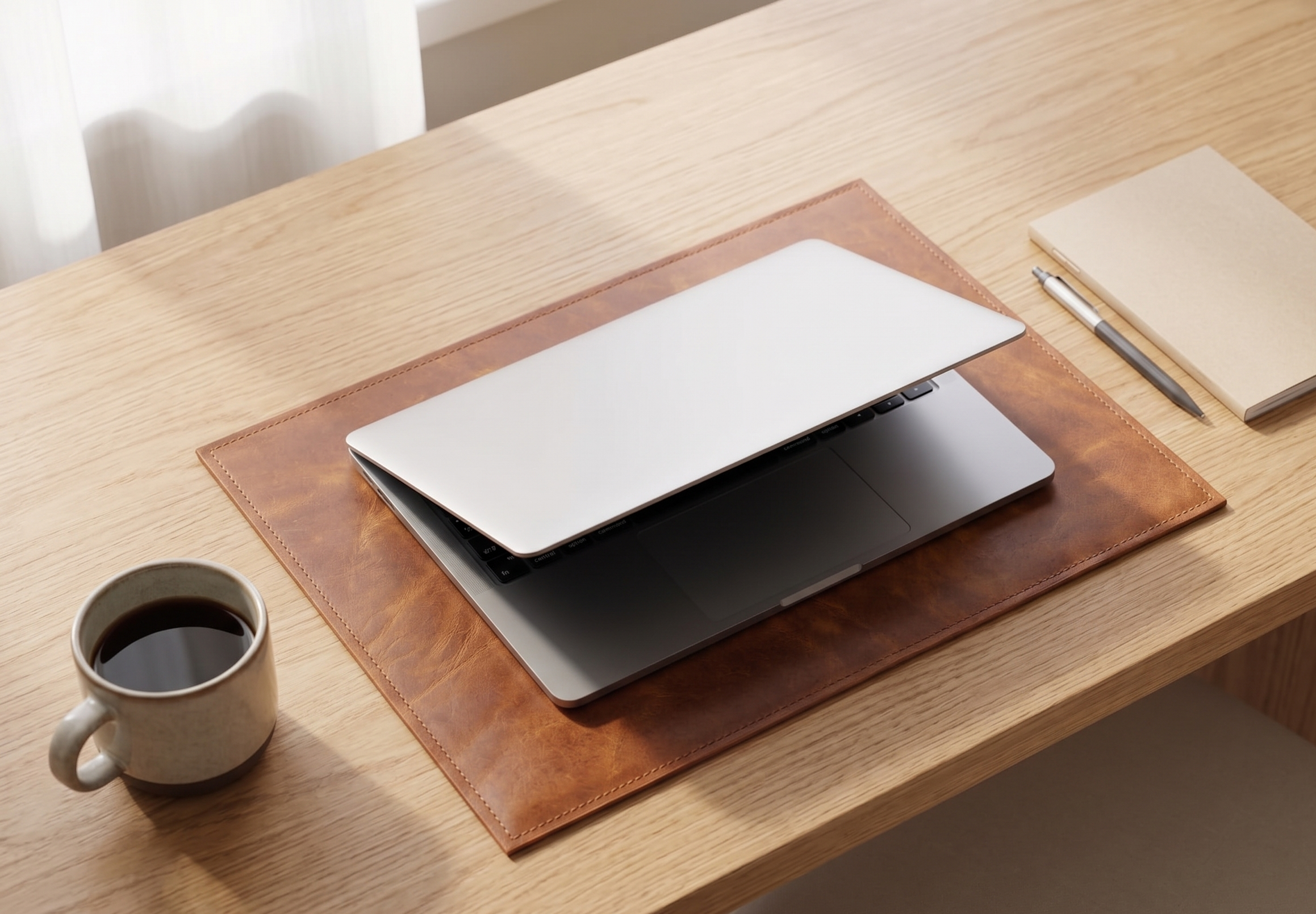 Stylish brown leather desk pad protecting workspace and serving as elegant table placemat