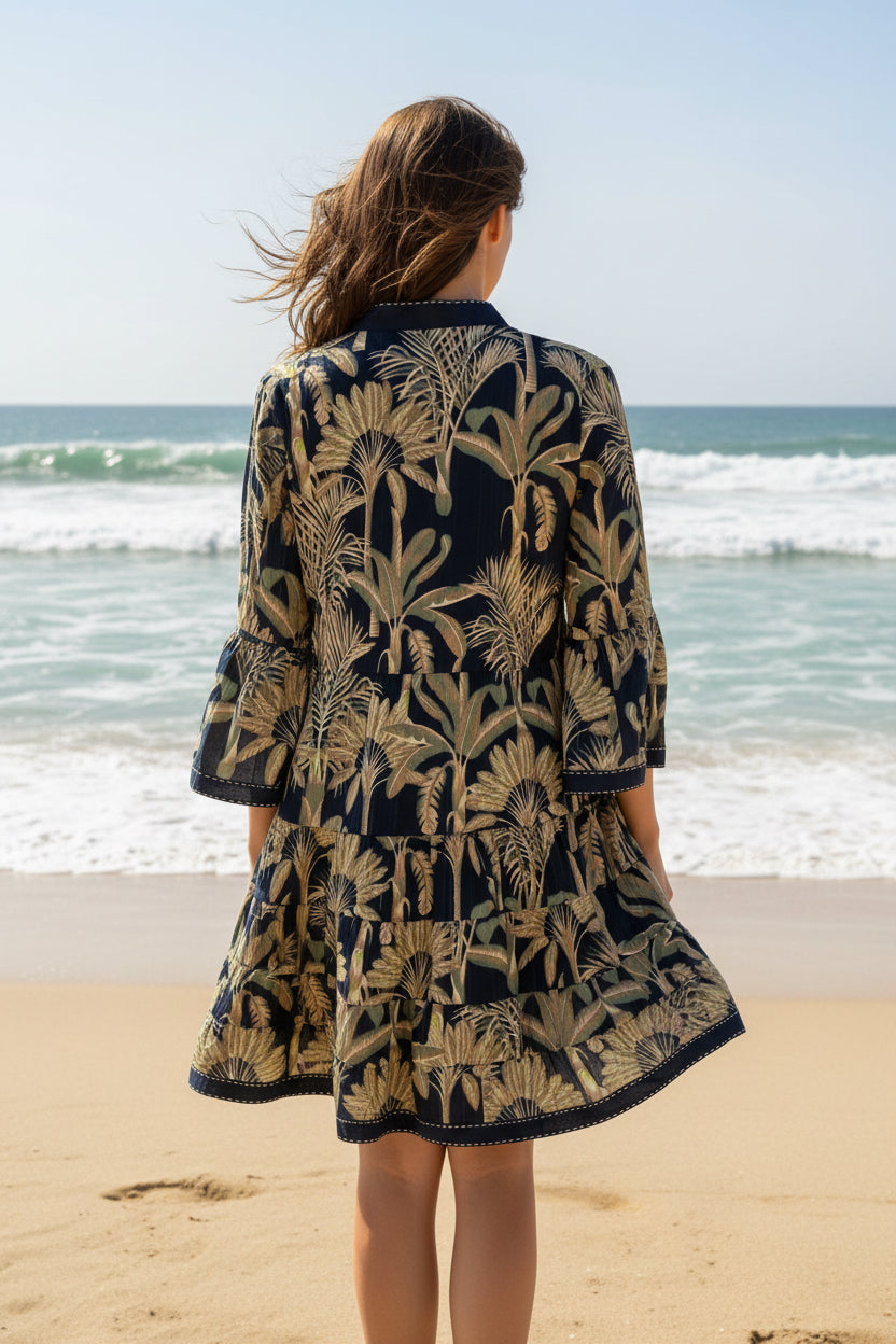 Palm Breeze Mini Dress – Tropical Cotton Tiered Shirt Dress
