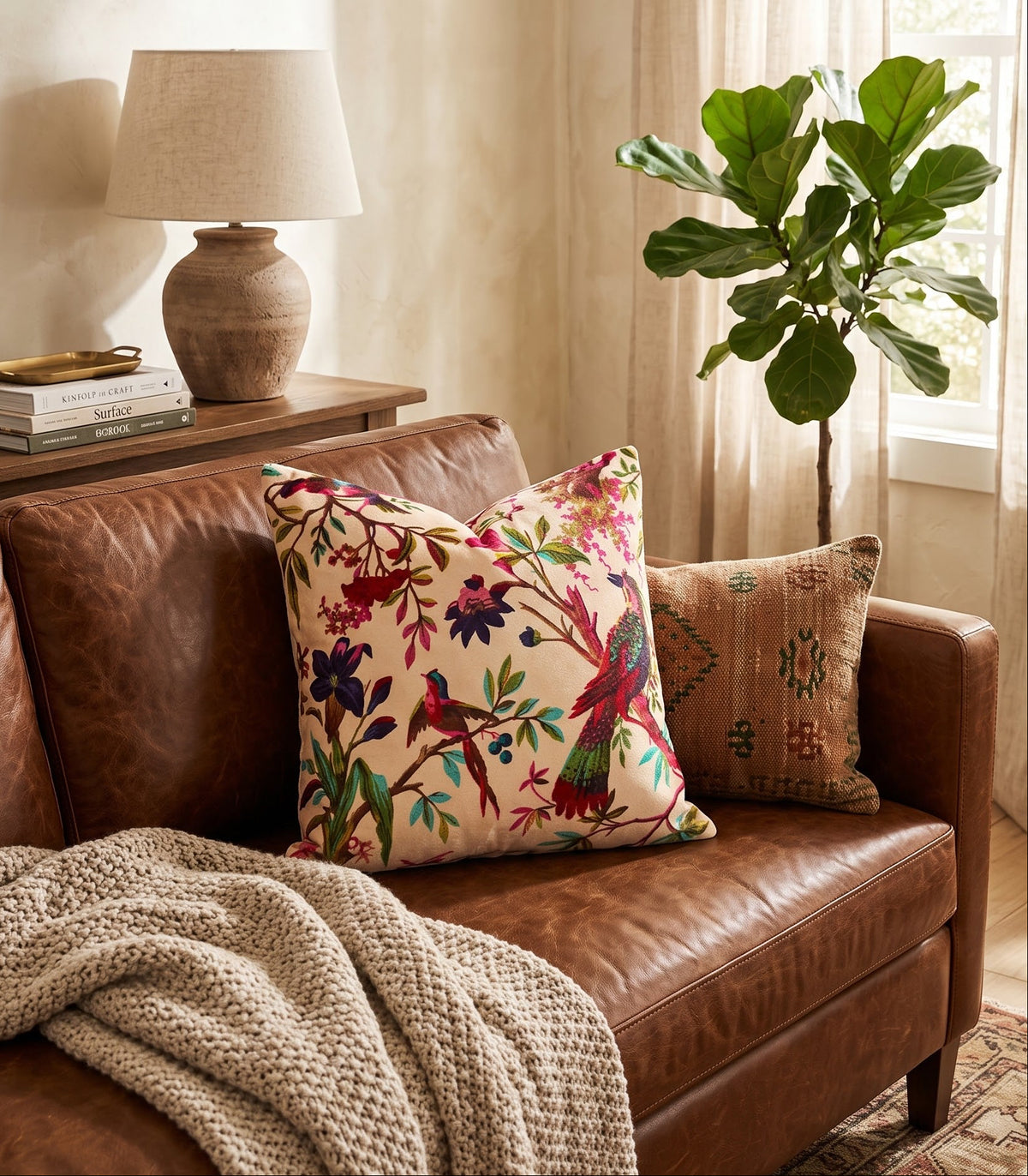 A styled living room scene featuring a brown leather sofa with two decorative throw pillows, a chunky knit beige throw blanket, a wooden table with a lamp and books, and a potted fiddle-leaf fig plant near a window. Colourful botanical cushion cover on brown leather sofa with knitted throw