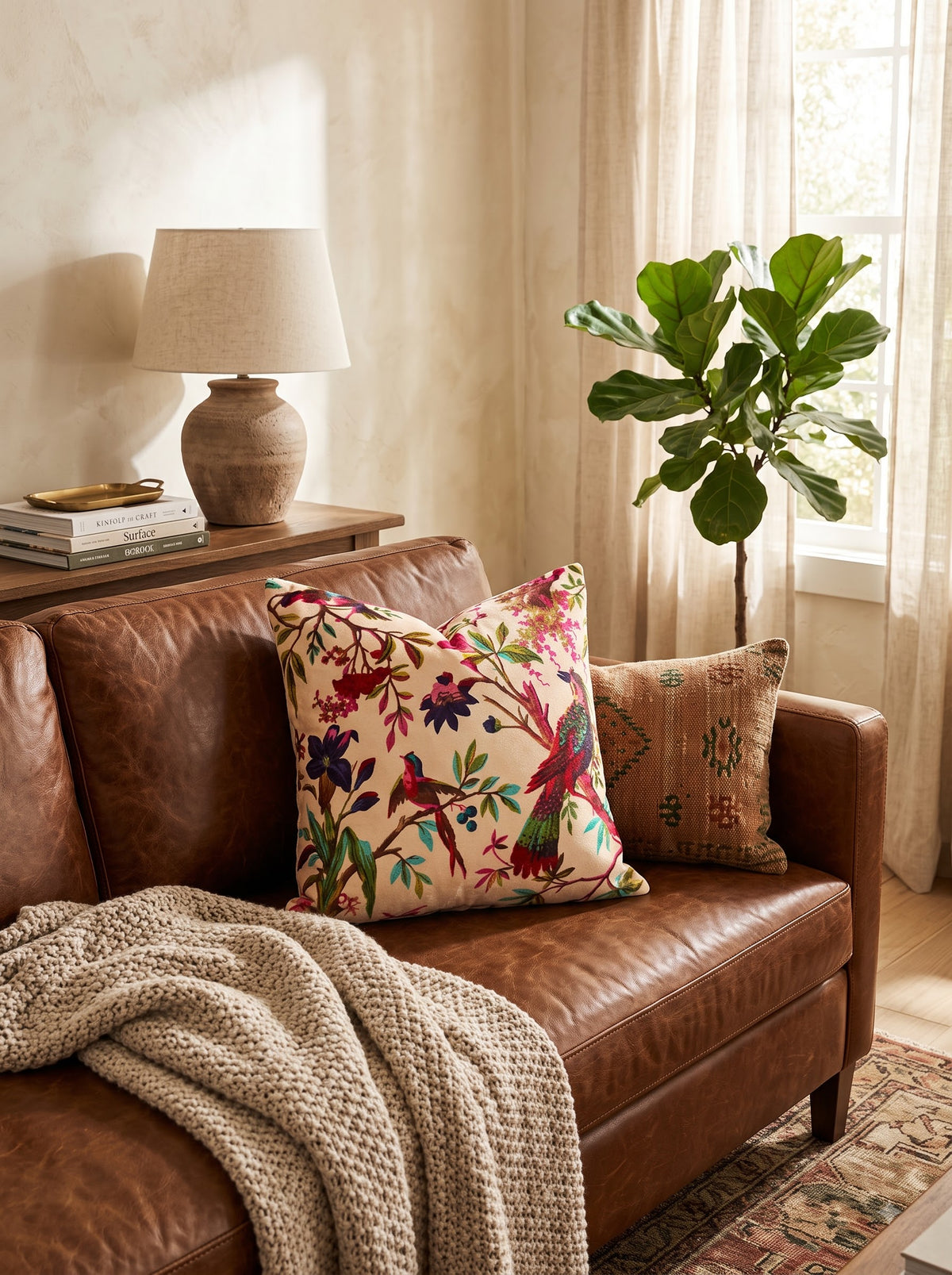 A styled living room scene featuring a brown leather sofa with two decorative throw pillows, a chunky knit beige throw blanket, a wooden table with a lamp and books, and a potted fiddle-leaf fig plant near a window. Colourful botanical cushion cover on brown leather sofa with knitted throw