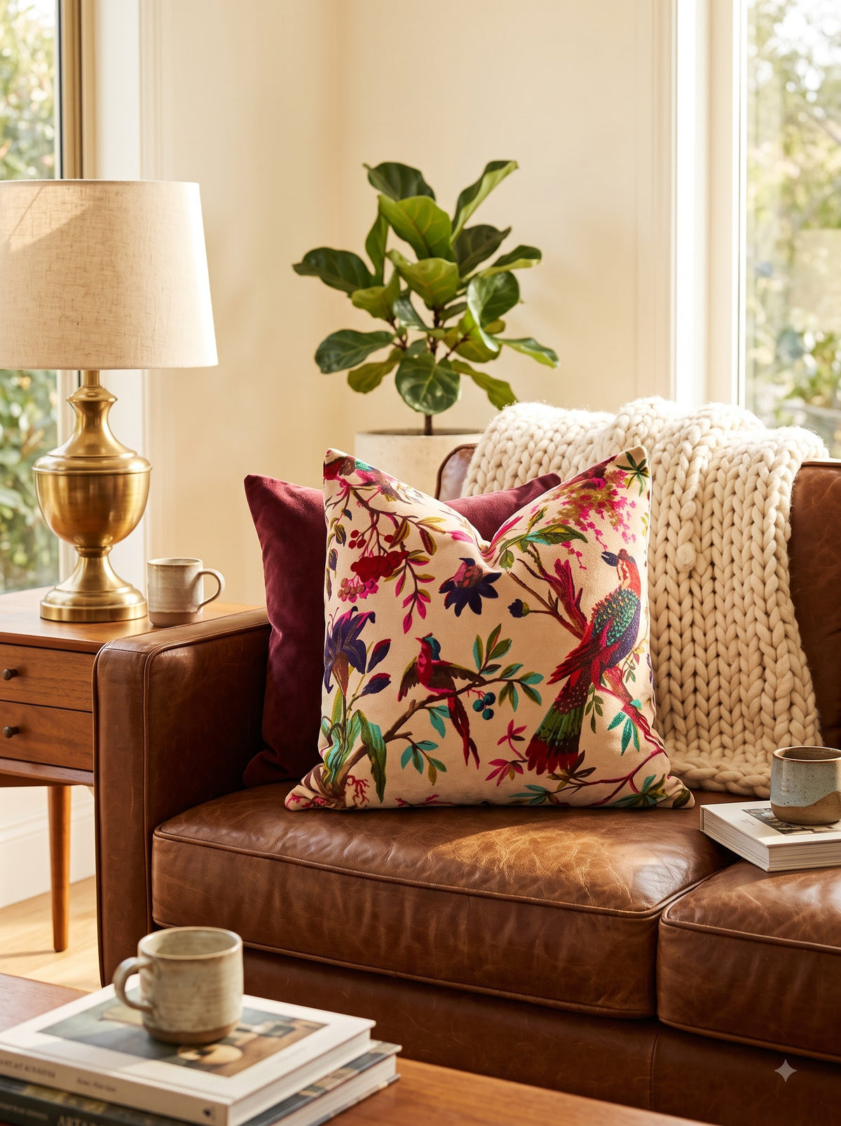 A decorative throw pillow with a colorful tropical bird and floral print on a cream background, styled on a brown leather sofa next to a chunky knit blanket in a cozy living room setting. Linen Connections floral velvet cushion cover for sofa and bedroom styling
