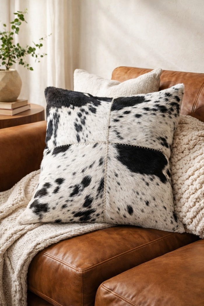 Black and white cowhide cushion cover with natural leather texture