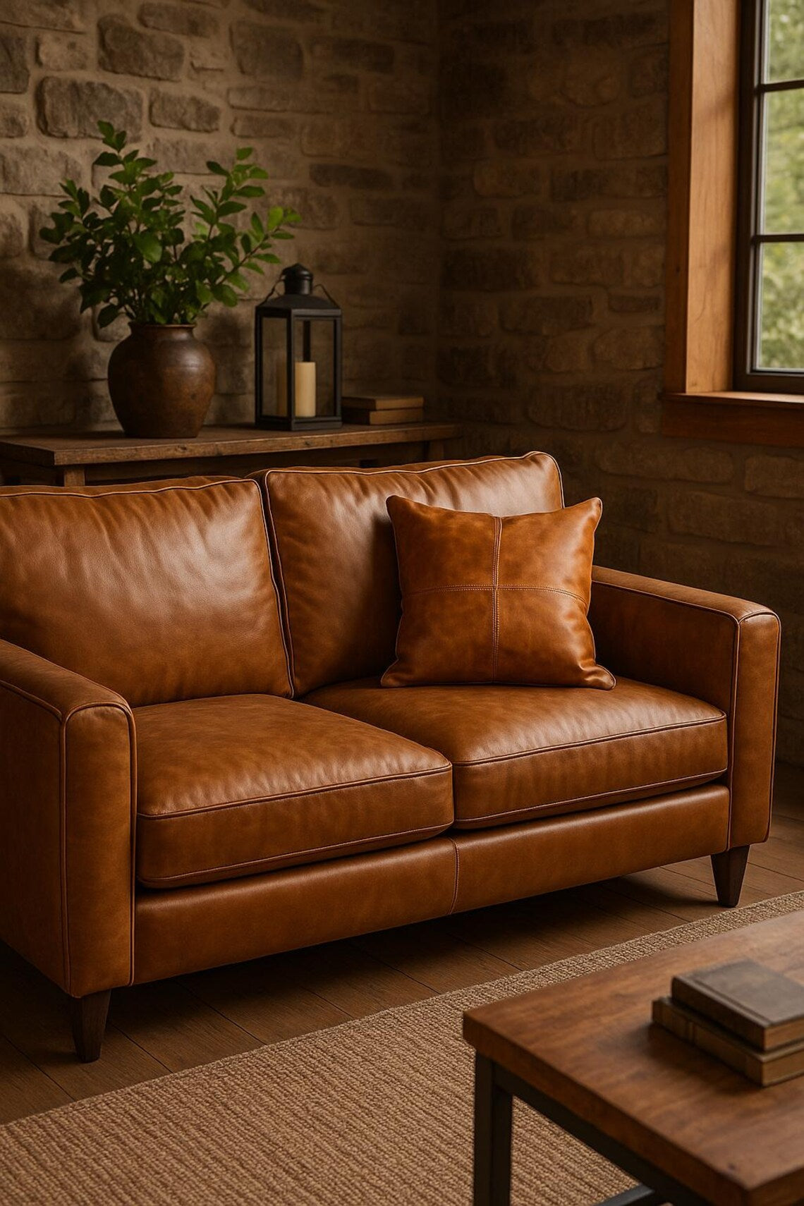 100% Tan Leather Cushion Cover - Brown