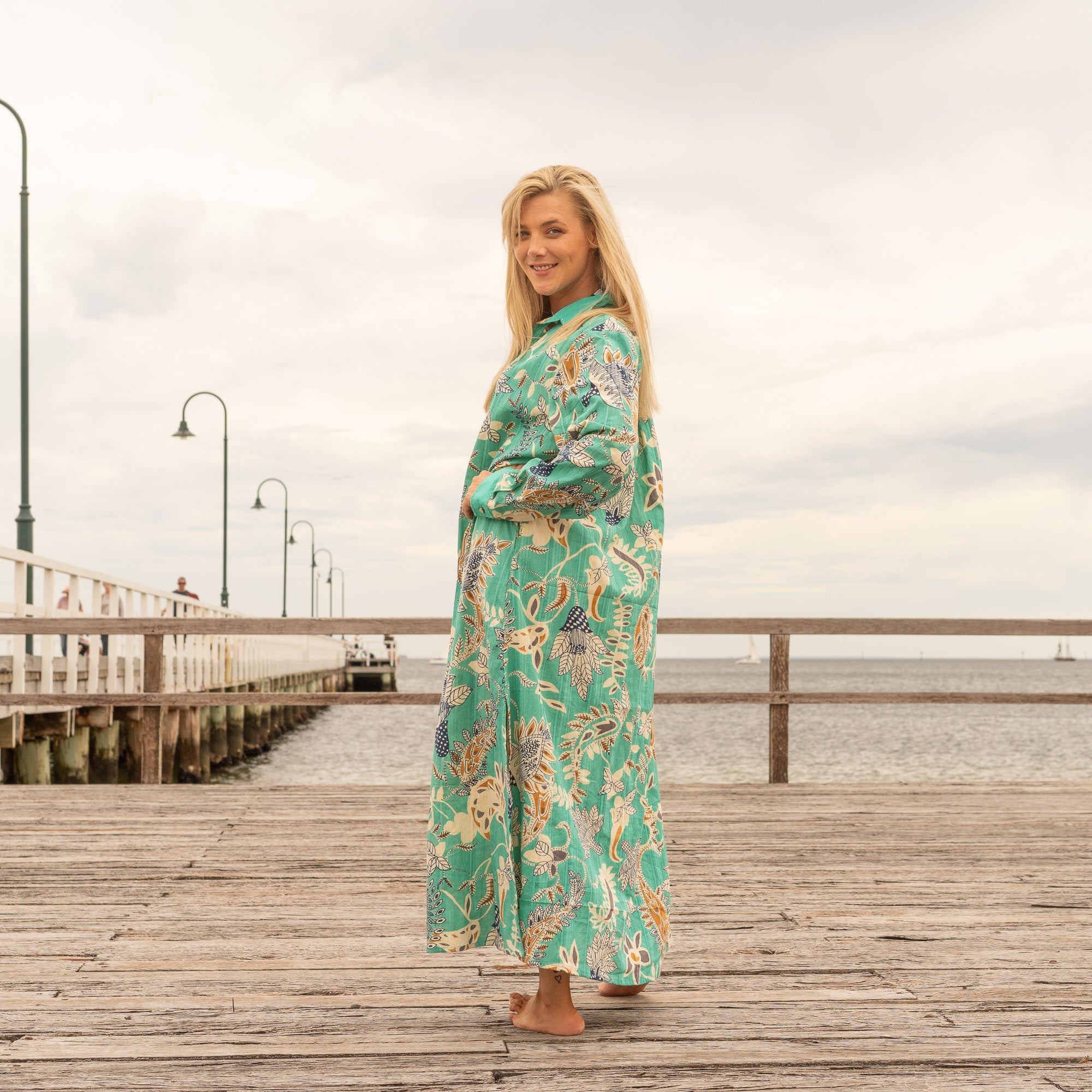 Tropical Escape Shirt Dress – Emerald Green Botanical Cotton Maxi