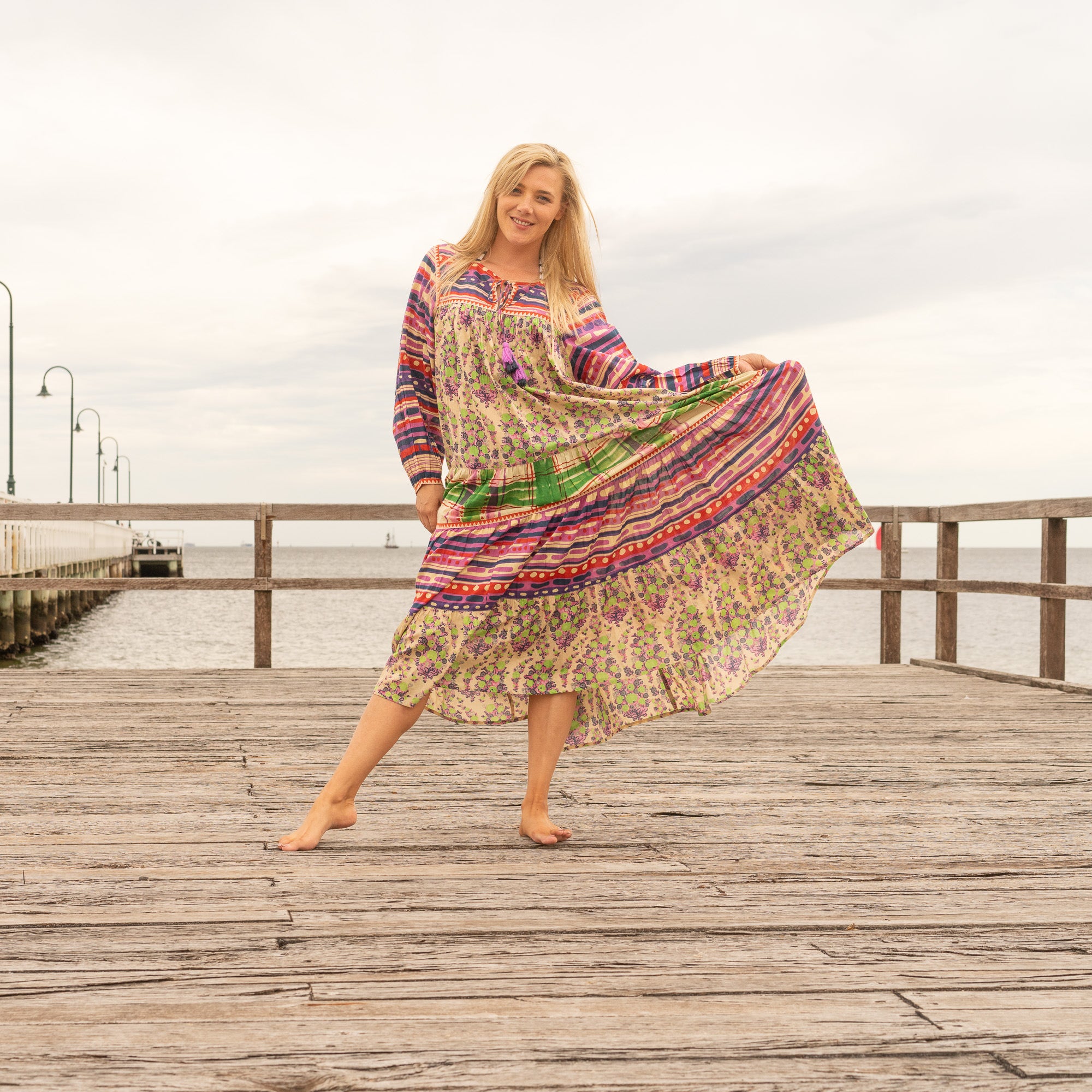 Boho Luxe Maxi Dress – Handcrafted Patchwork Floral in Purple, Pink & Green