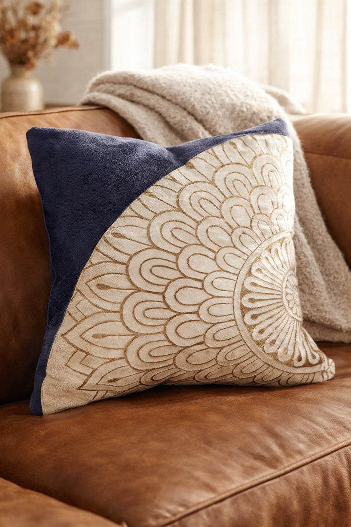 Blue and cream mandala leather cowhide cushion with detailed pattern