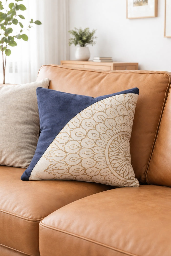 Luxury blue cream leather cowhide cushion for sofa and living room decor