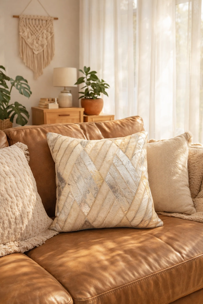 Luxury ivory silver cowhide leather cushion cover for sofa décor