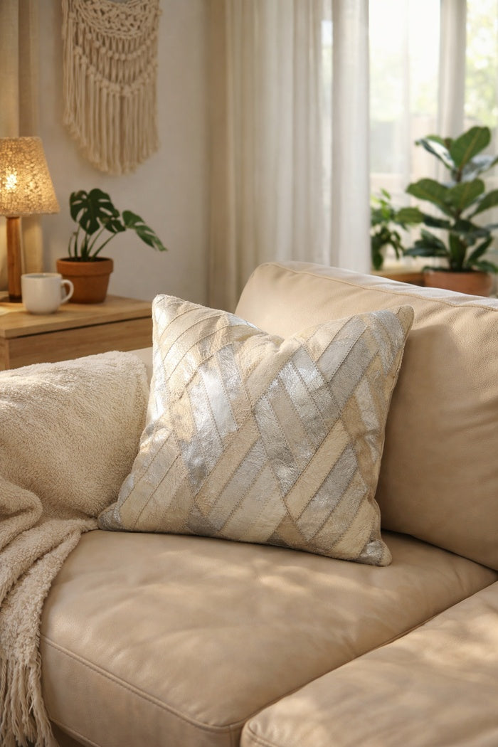 Handcrafted ivory and silver leather cowhide cushion cover for living room