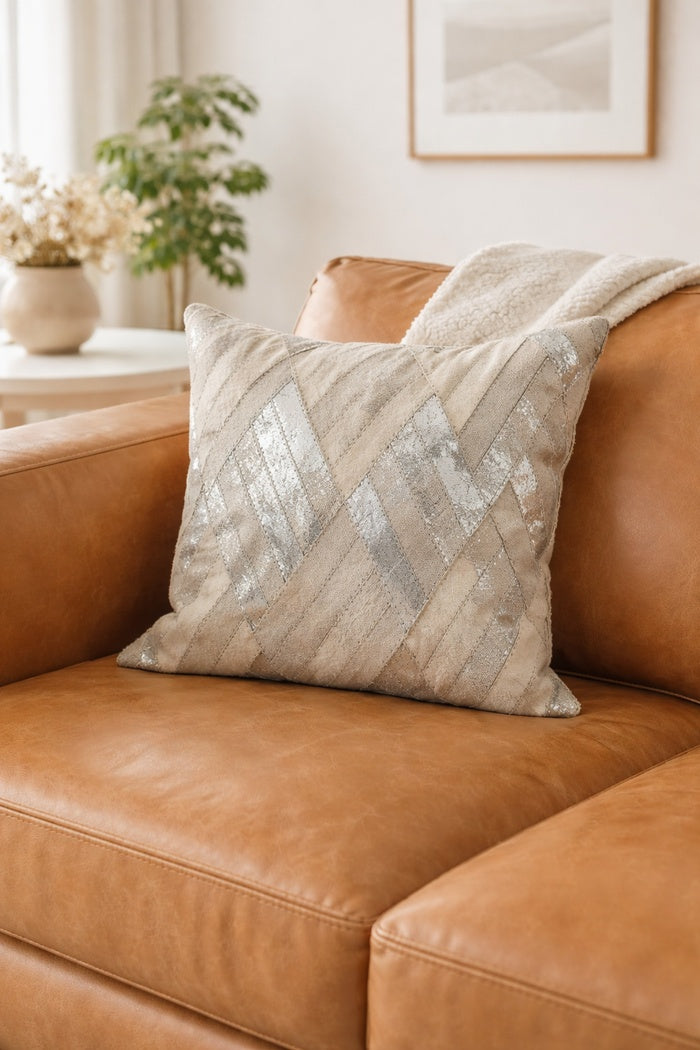 Modern ivory and silver leather cowhide cushion cover for contemporary interiors