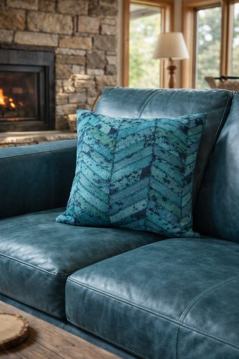Teal cowhide cushion cover 40x40cm with natural leather patchwork detail