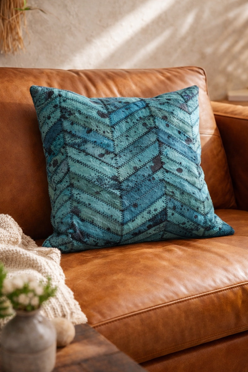 Close up of teal hair-on-hide cushion showing natural leather grain
