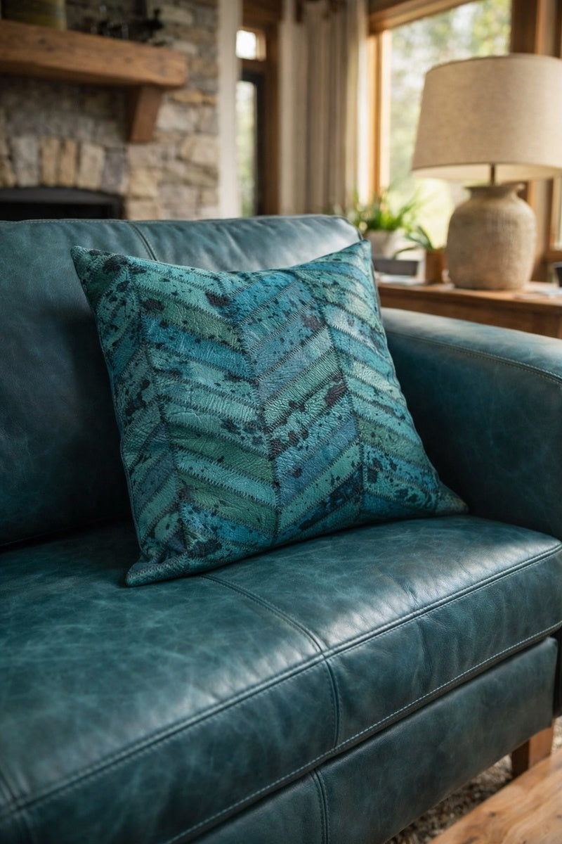 Teal cowhide patchwork cushion cover for linen interiors