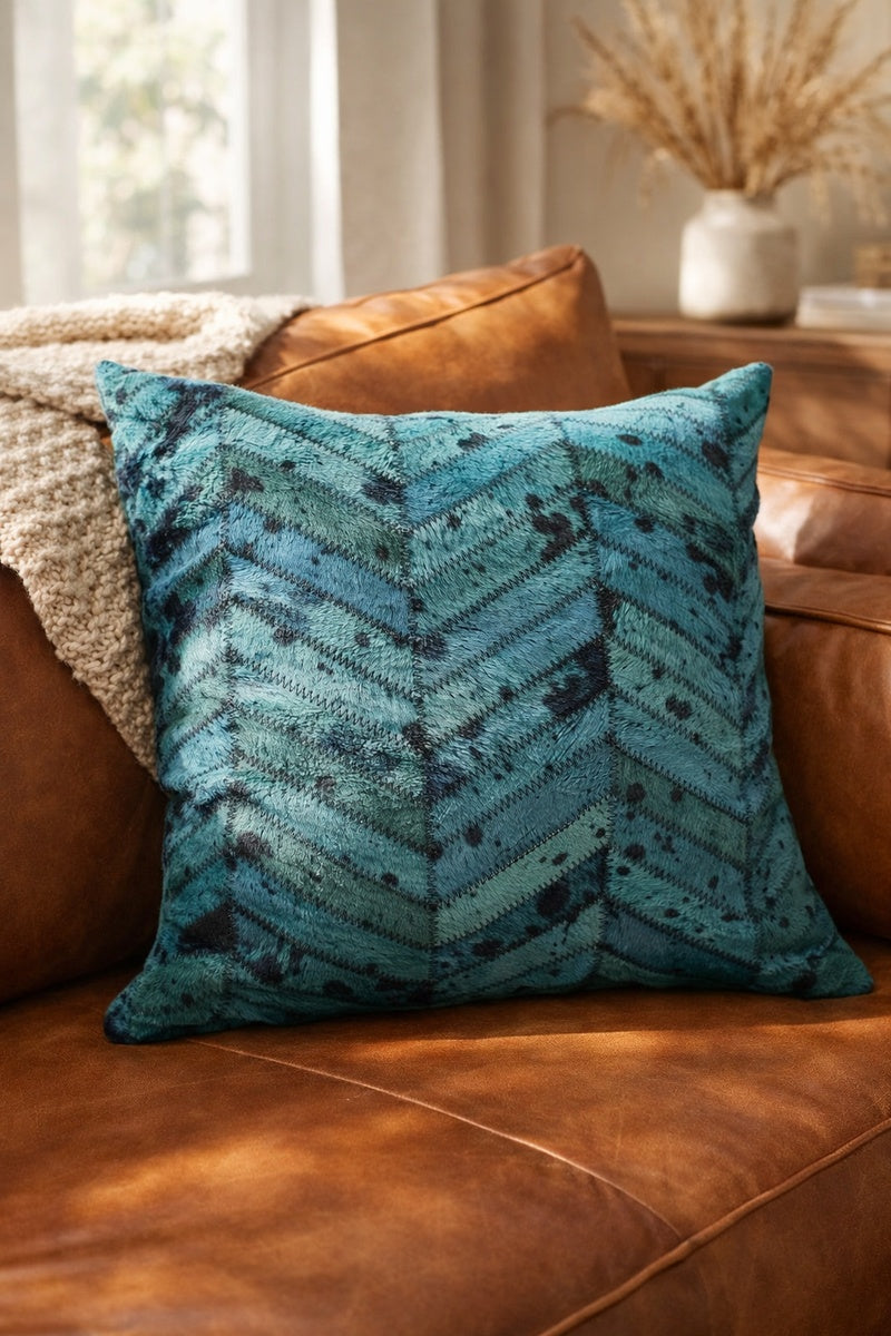 40x40cm teal cowhide pillow cover styled in neutral coastal living room