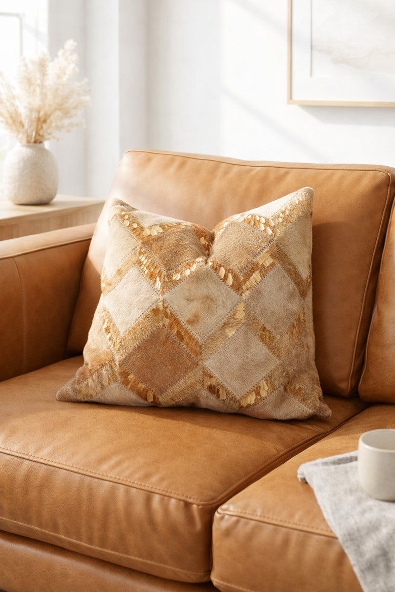 Premium cowhide leather cushion cover with gold check pattern by Melbourne Leather Co