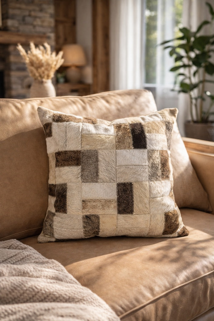 Neutral cowhide leather cushion cover 45x45 cm with checkerboard design for modern home decor