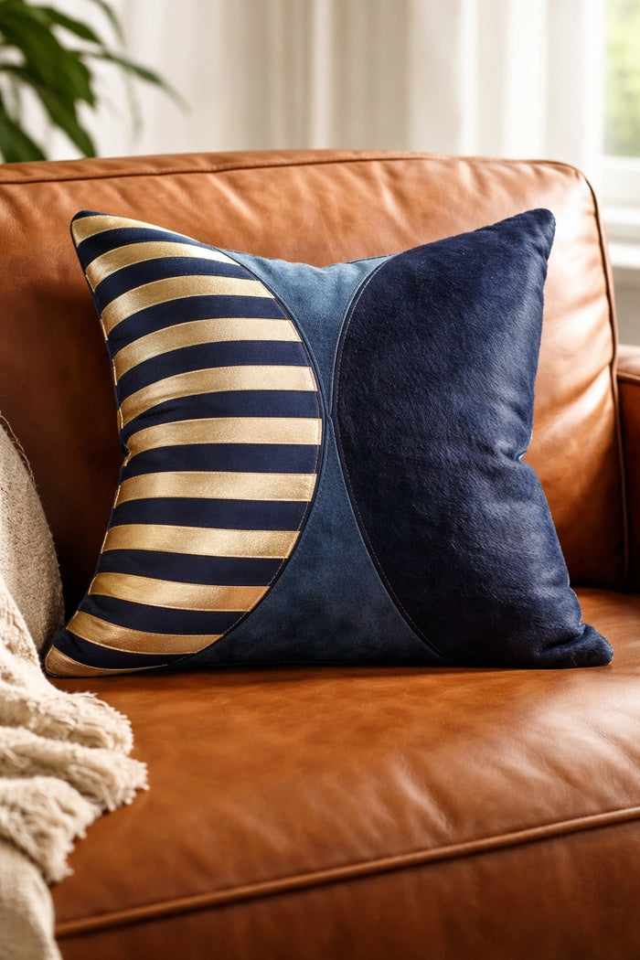 Navy and silver leather cowhide cushion cover with natural hide texture